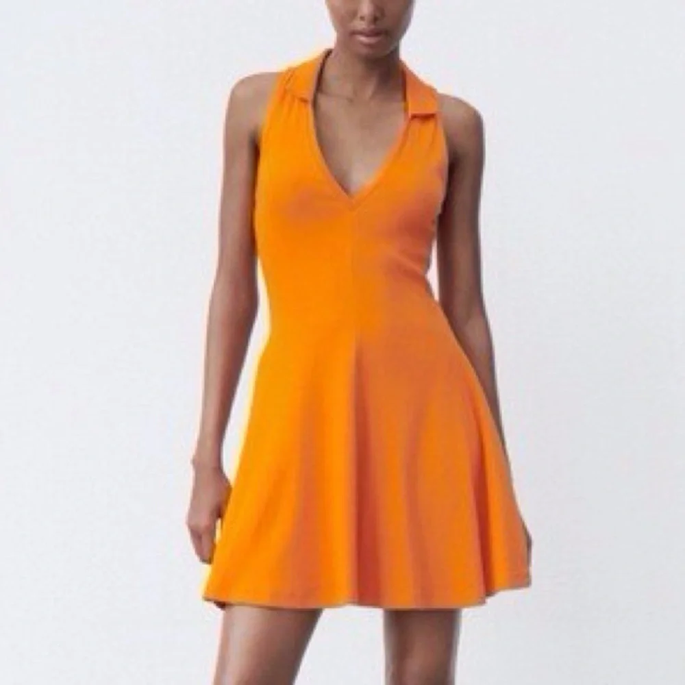 Zara Women S Orange Ribbed Sporty Sleeveless V-Neck Lapel Collar Skater Dress - Picture 1 of 9